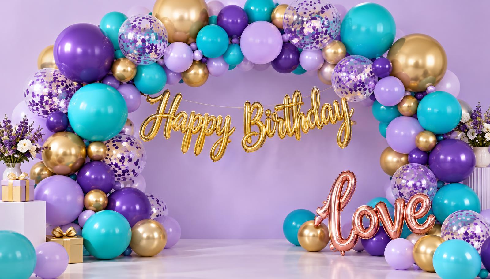 An arch of purple, turquoise and gold printed balloons